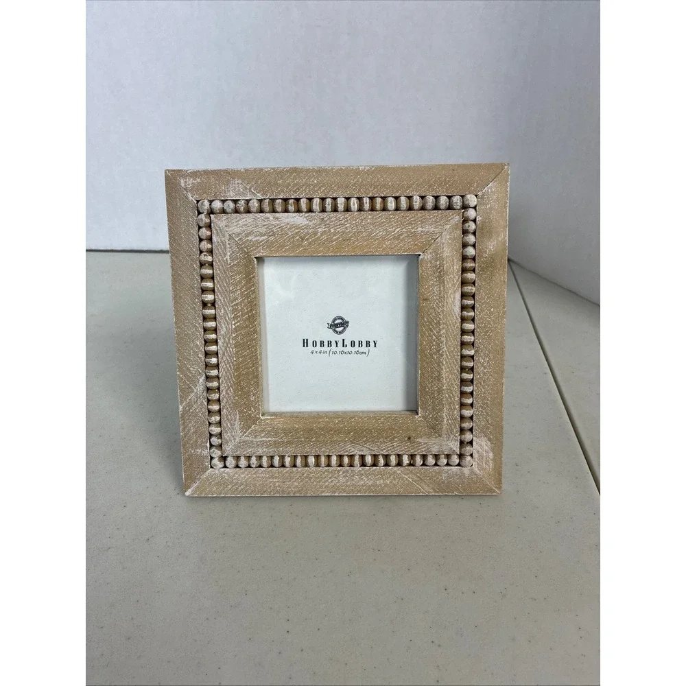 Hobby Lobby Tan Square Beaded Rustic Weathered Wood Look Picture Frame‎ 5524998